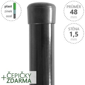 Plotové sloupky DAMIPLAST poplastované kulaté, průměr 48x2000x1,5 Zn + PVC antracit s černou krytkou
